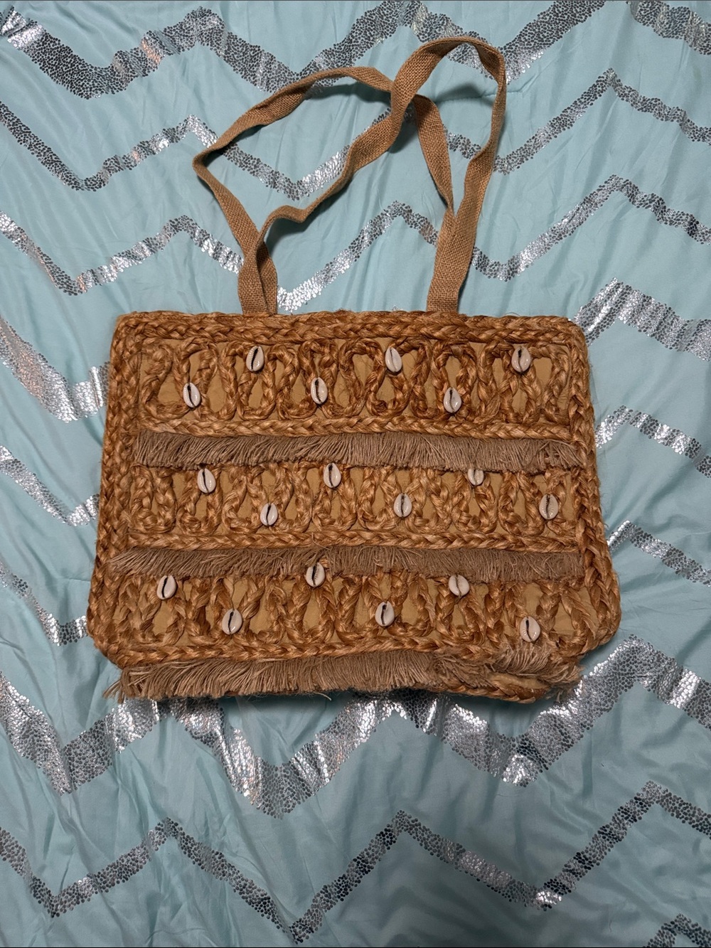 Boho Woven Shell Tote Bag - Tan